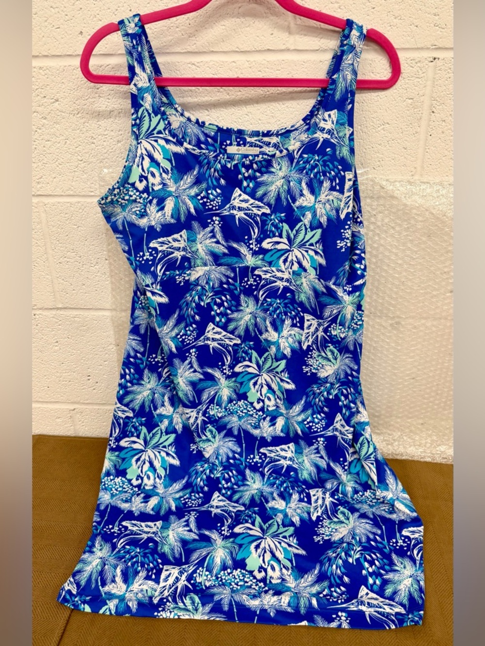 Columbia Blue Tropical Print Tank Dress